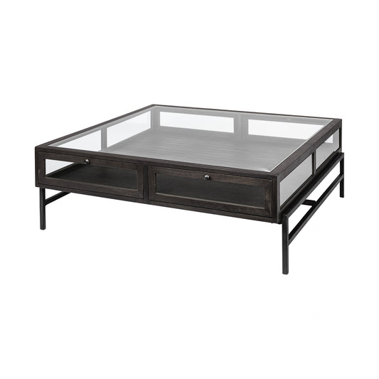 42" Brown And Black Glass Solid Wood And Metal Square Coffee Table With Two Drawers