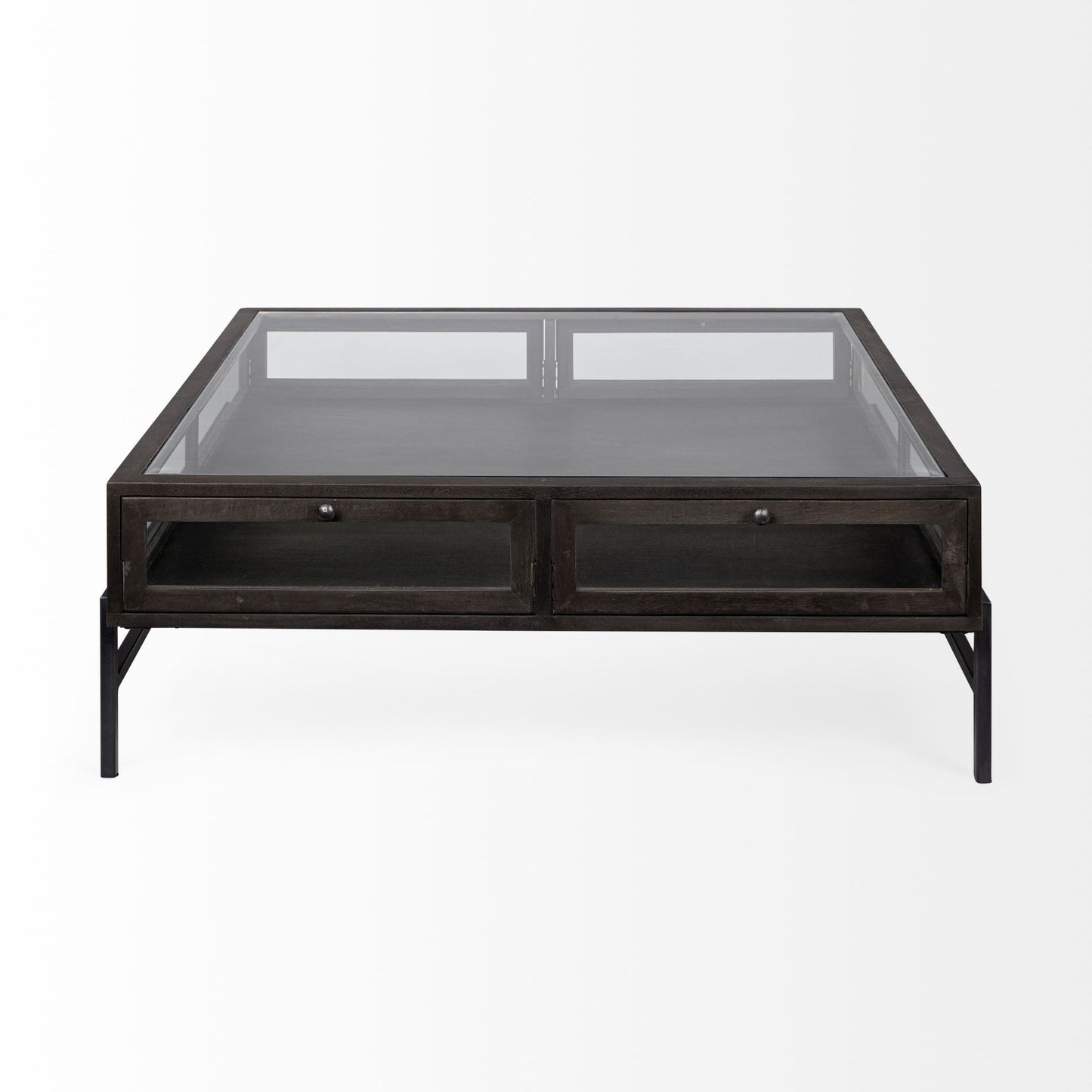 42" Brown And Black Glass Solid Wood And Metal Square Coffee Table With Two Drawers