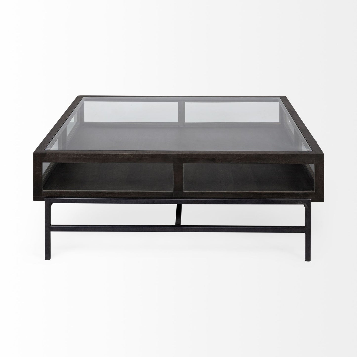 42" Brown And Black Glass Solid Wood And Metal Square Coffee Table With Two Drawers