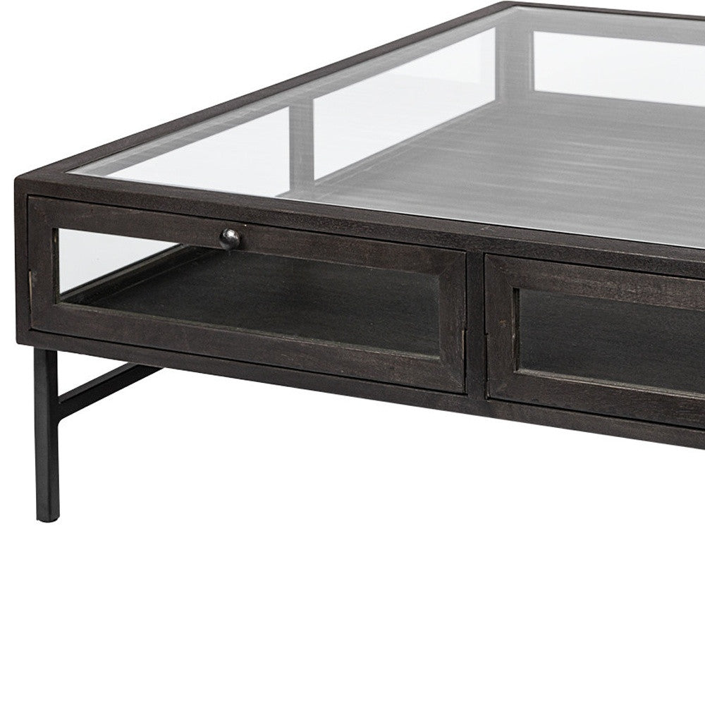 42" Brown And Black Glass Solid Wood And Metal Square Coffee Table With Two Drawers