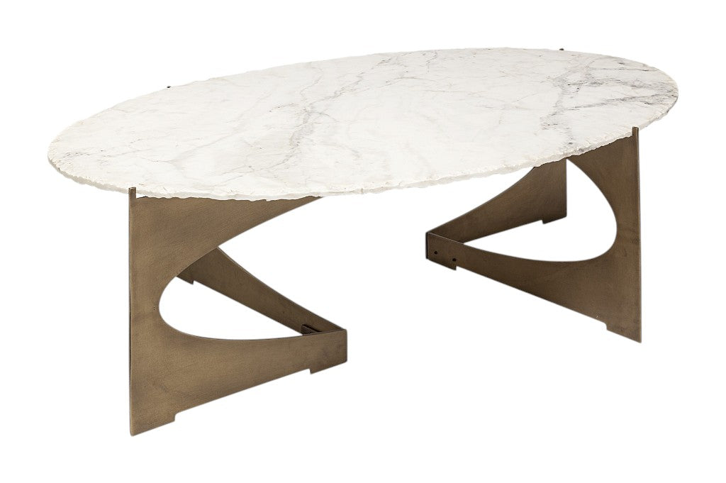 30" White And Gold Genuine Marble And Metal Oval Coffee Table