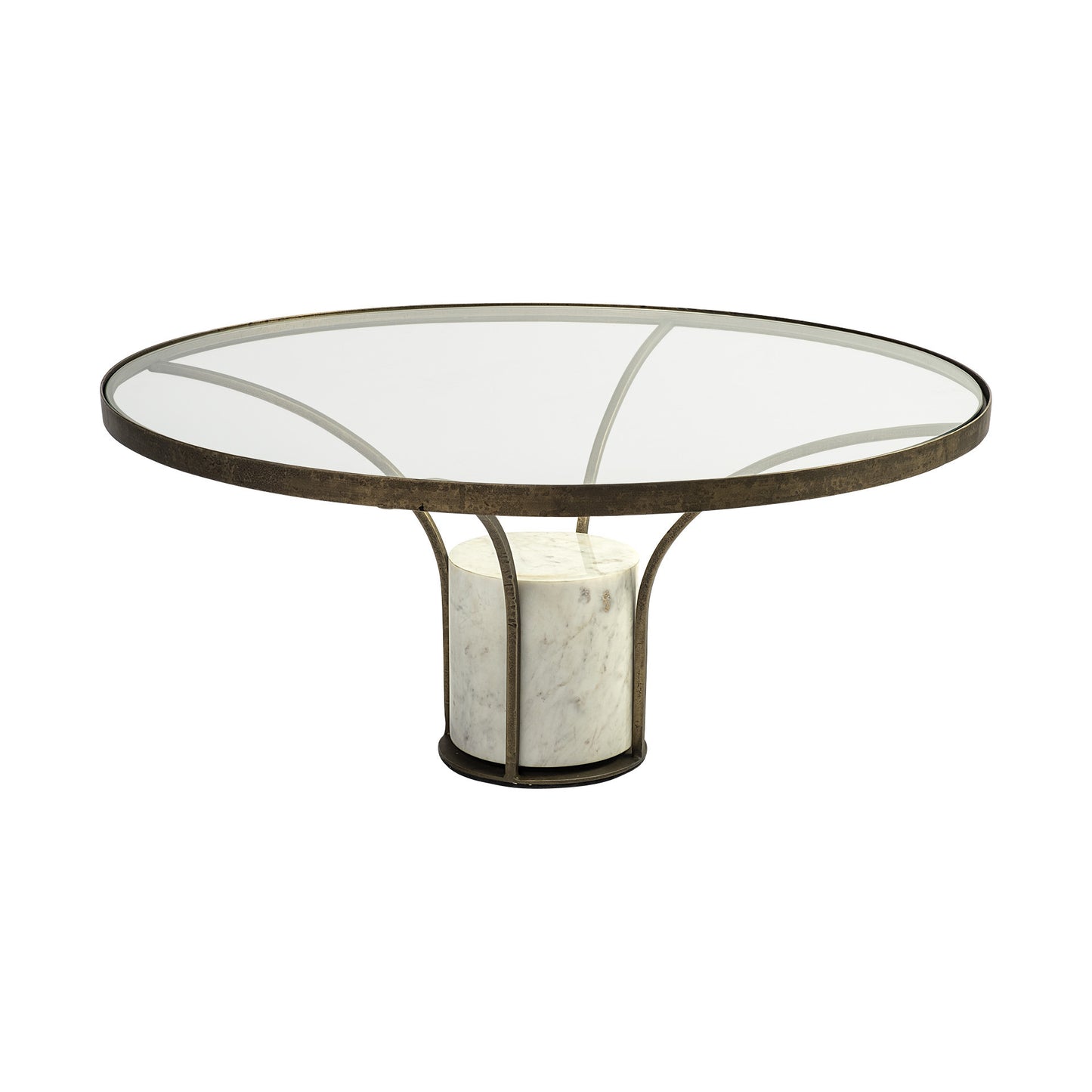 36" Clear And White and Gold Glass And Stone Round Coffee Table