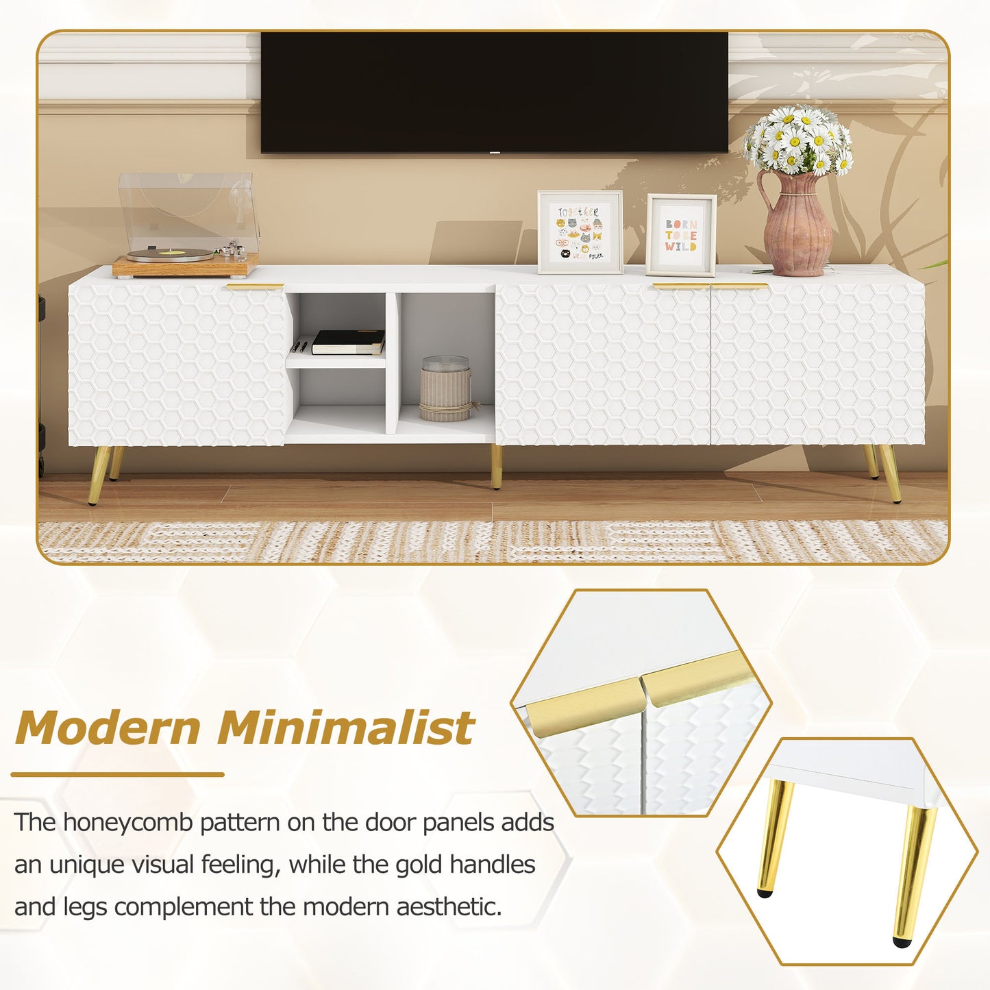 Modern Minimalist Geometric TV Cabinet with Metal Handles and Gold Legs For Up to 80'' TV's