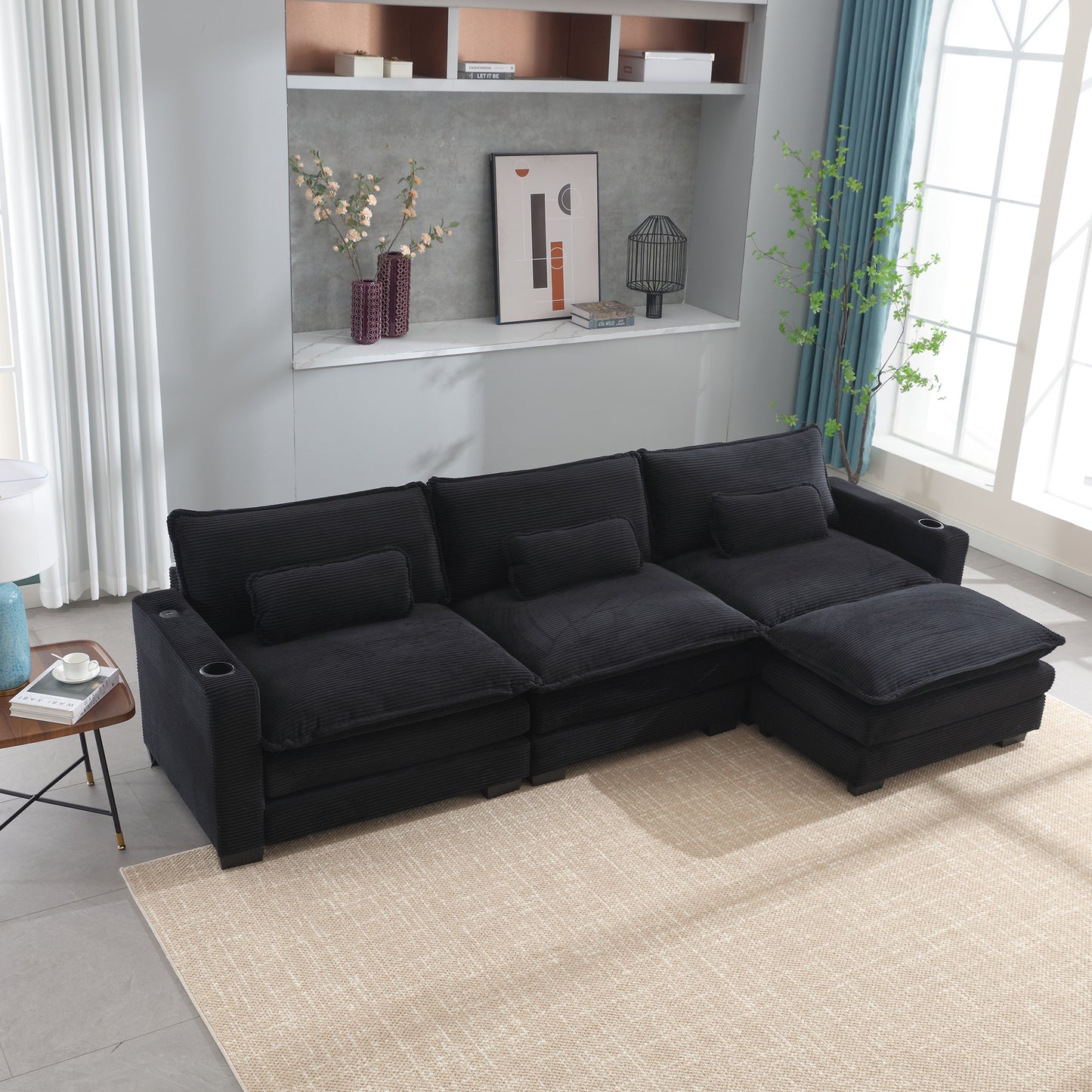 L Shape 3-seater Corduroy Couch with Ottoman, USB & Cup Holders