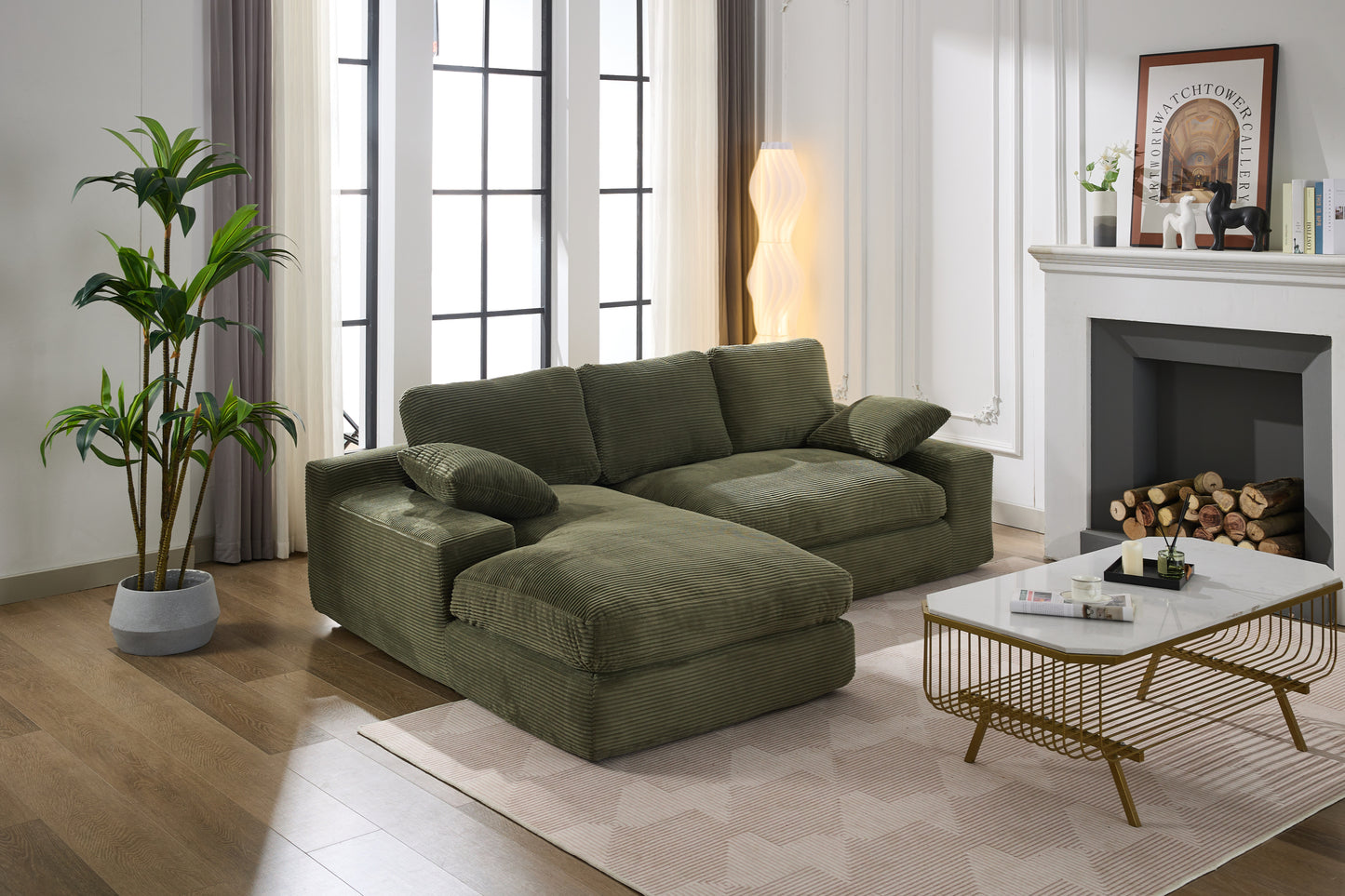 Corduroy Modular L-Shaped Sectional, Army Green