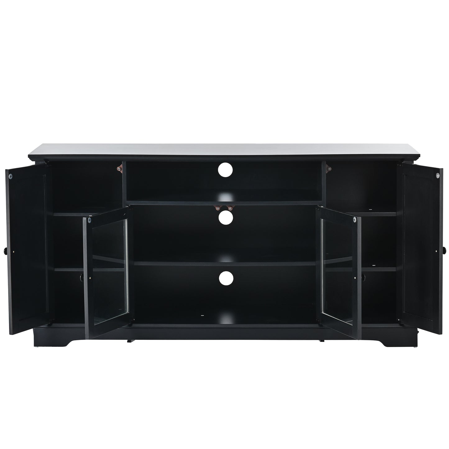 U-Can TV Stand for TV up to 65in with 2 Tempered Glass Doors Adjustable Panels Open Style Cabinet, Sideboard for Living room, Black