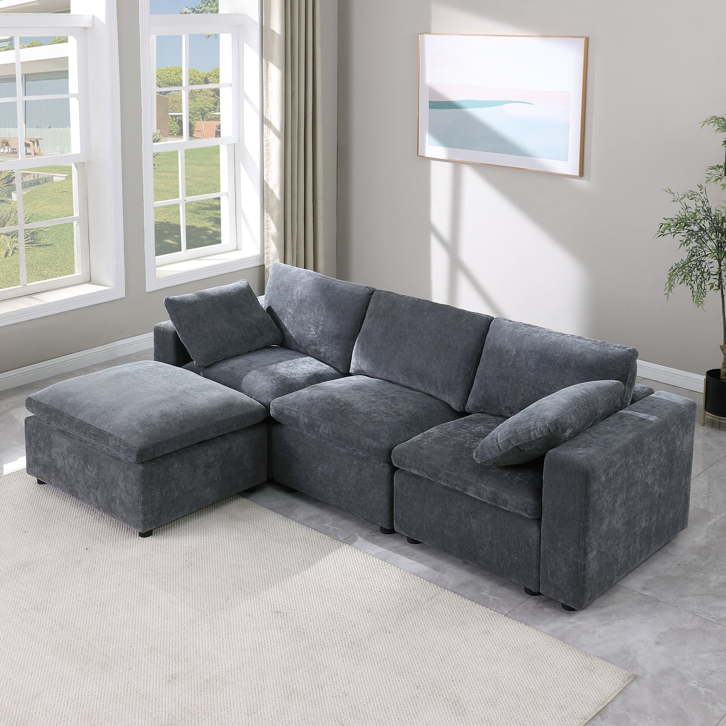 Modular Sectional Sofa with Reversible Chaise and Ottomans - 4-Seat