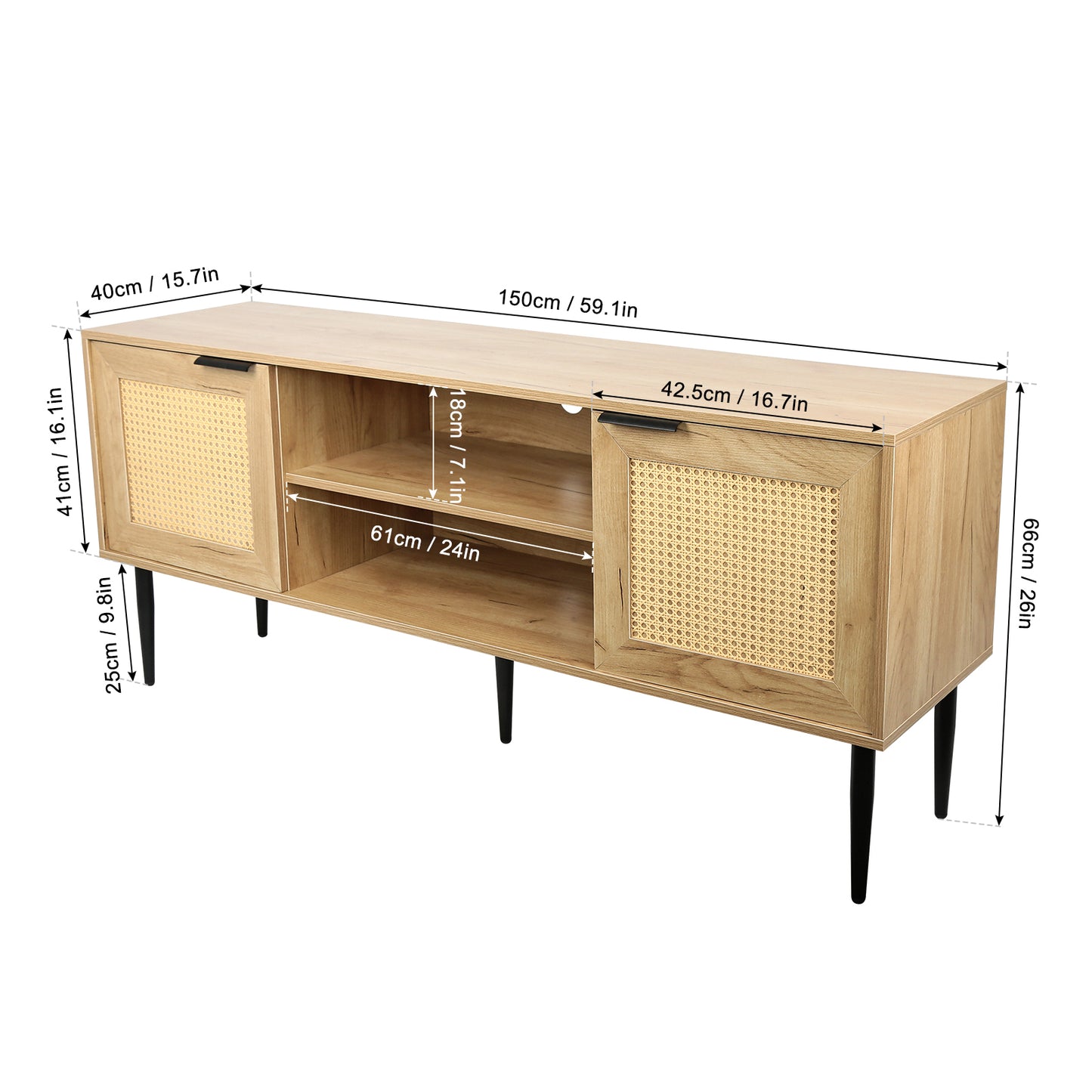 Wooden TV Stand for TVs up to 65 Inches,with 2  Rattan Decorated Doors  and 2 Open Shelves,Living Room TV Console Table Wooden Entertainment Unit, Natural Color