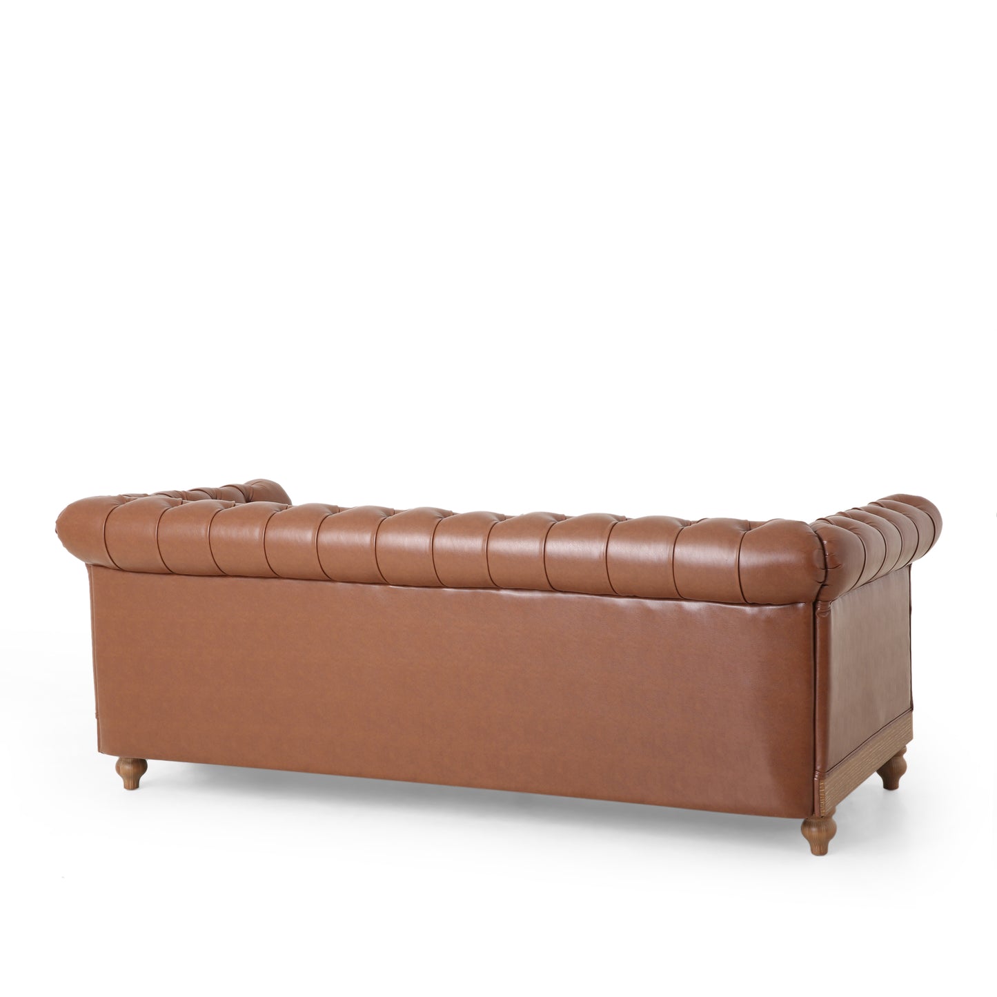 Tufted Leather 3-Seat Sofa with Wooden Legs