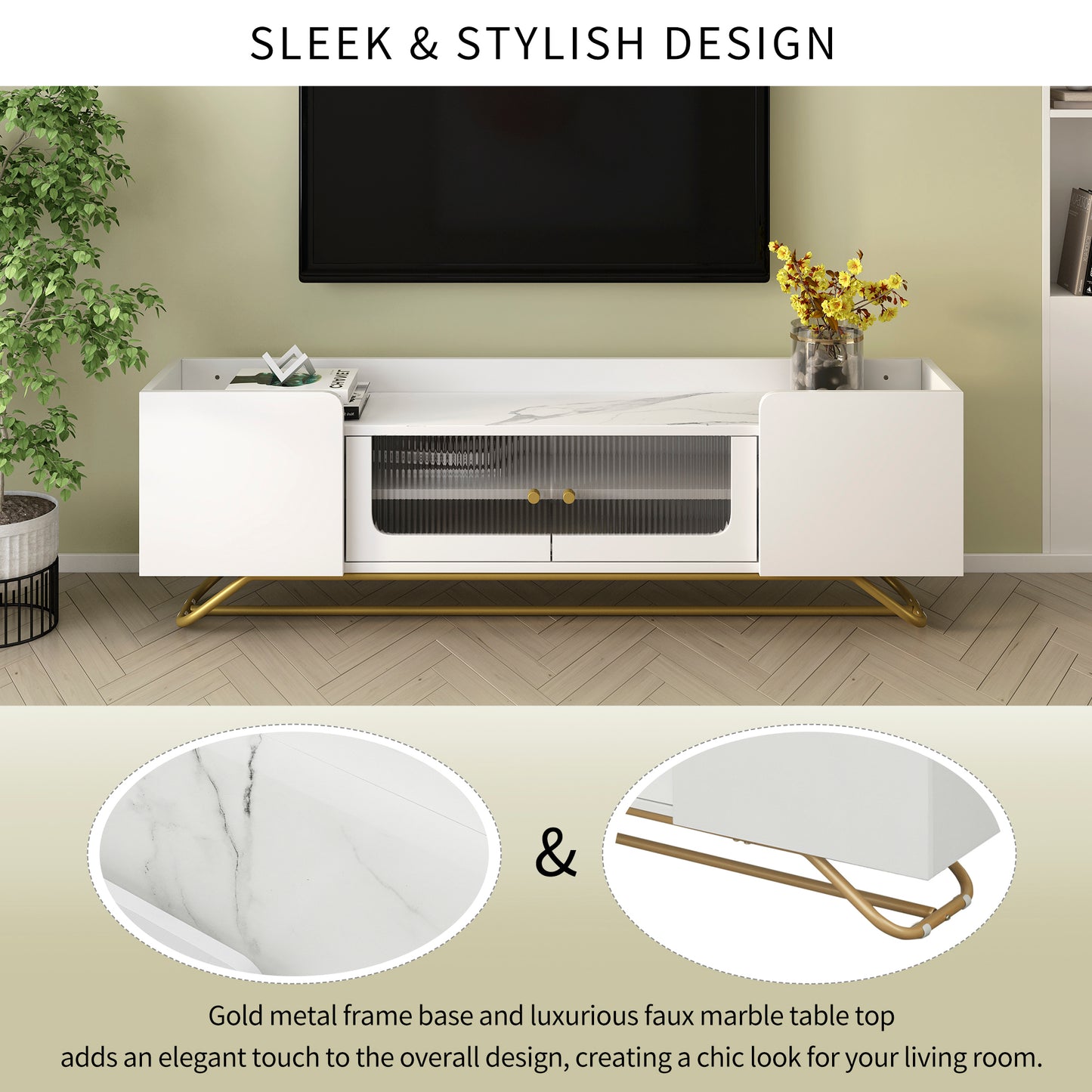 ON-TREND Sleek Design TV Stand with Fluted Glass, Contemporary Entertainment Center for TVs Up to 70", Faux Marble Top TV Console Table with Gold Frame Base, White