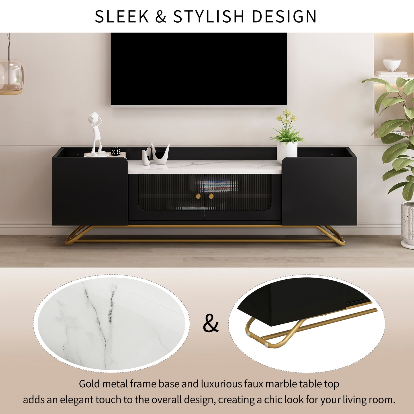 ON-TREND Sleek Design TV Stand with Fluted Glass, Contemporary Entertainment Center for TVs Up to 70", Faux Marble Top TV Console Table with Gold Frame Base, Black