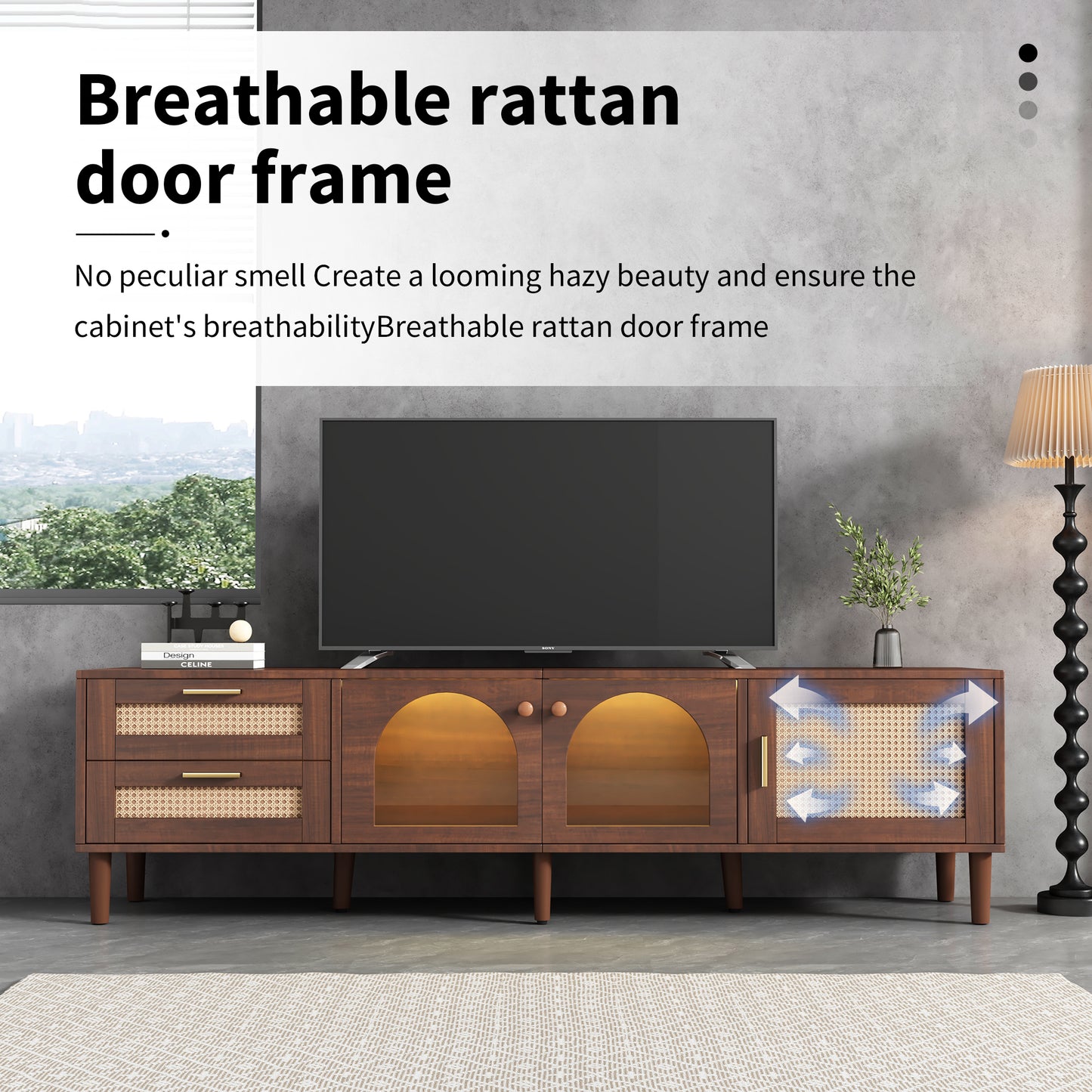 Rattan TV Stand with 3 Cabinets & 2 Drawers, Rattan-inspired Media Console Table for TVs up to 80'', LED Light Entertainment Center, TV cabinet for Living room, Bedroom, Home Theatre