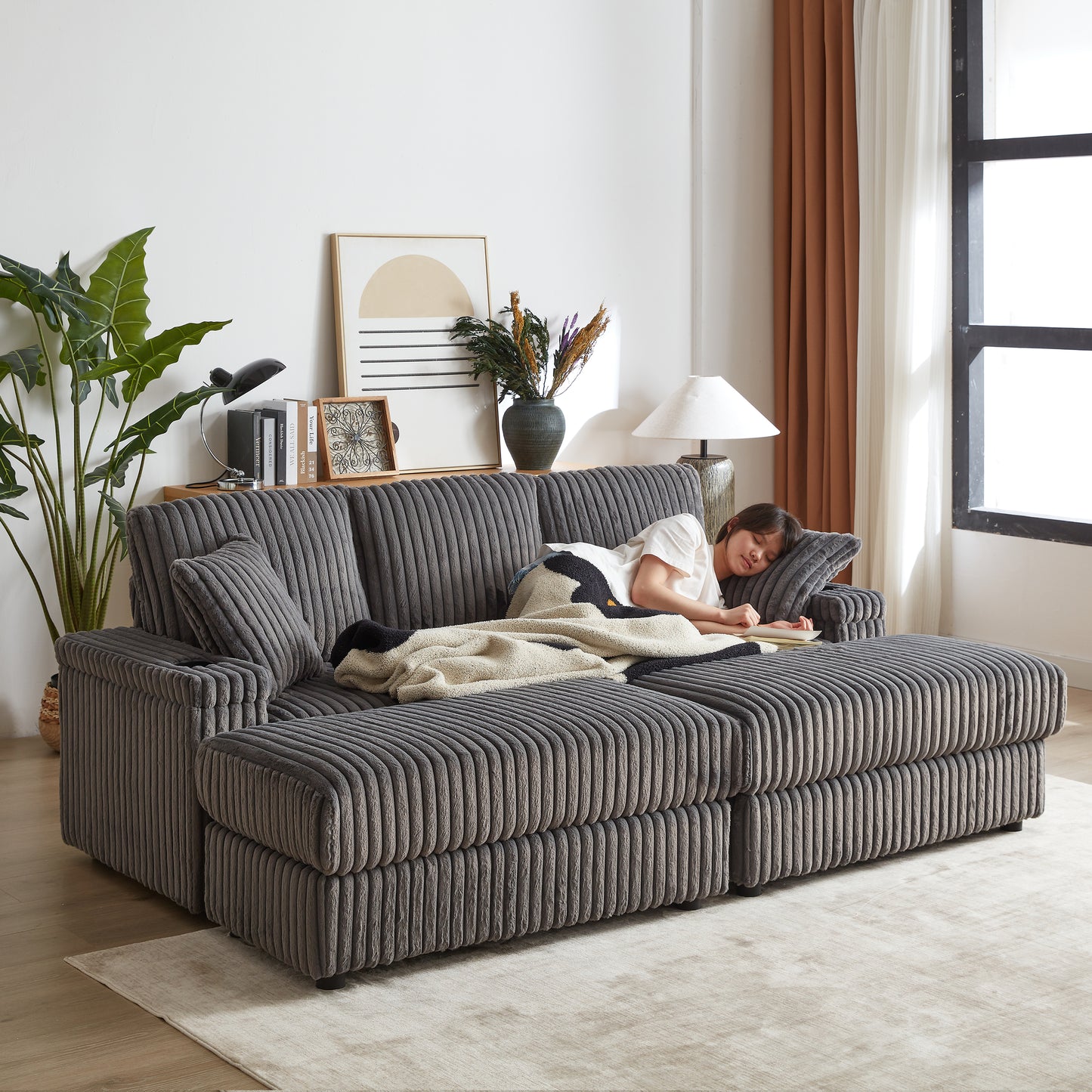 Corduroy 3-Seater Gray Sofa with Ottoman, Storage, & Cup Holders