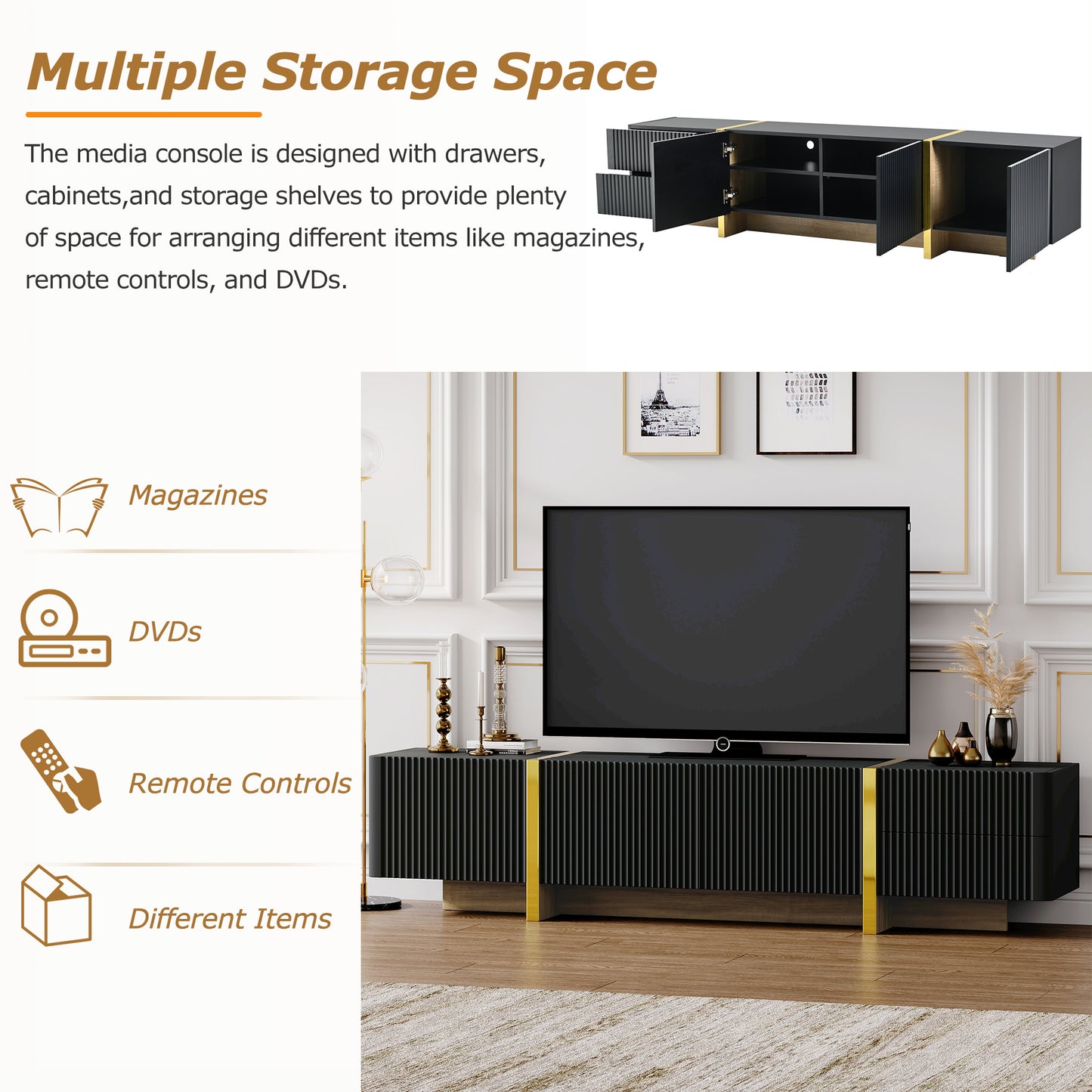 Modern Entertainment Center with Storage Cabinets & Drawers for up to 80''