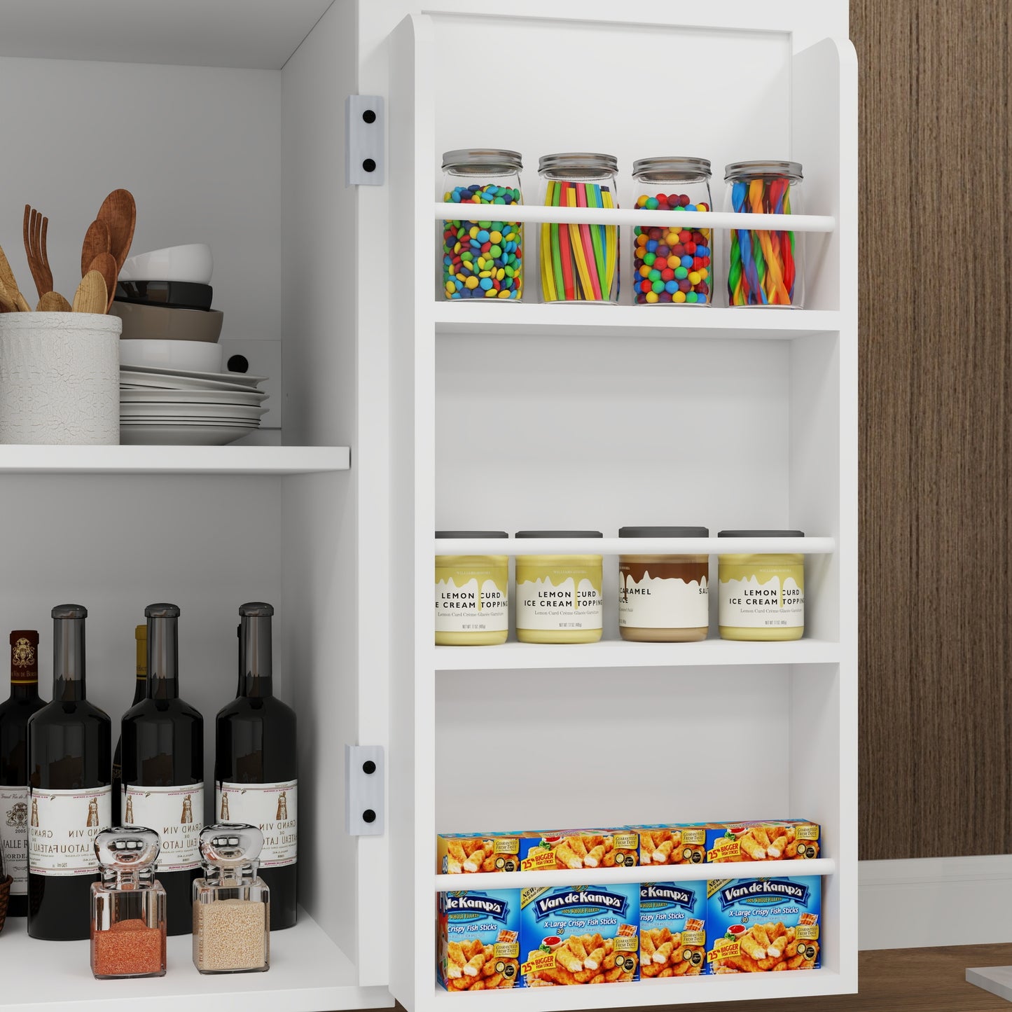 Kitchen island rolling trolley cart with 1 drawer & 2 doors with storage racks & Adjustable Shelves & towel rack & seasoning rack rubber wood table top-White