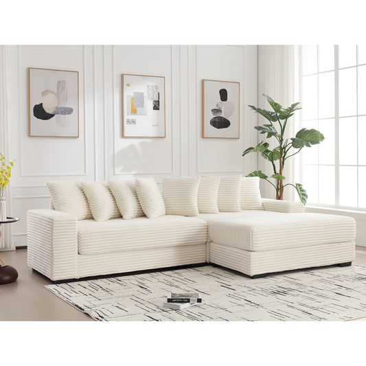 Oversized Corduroy L-Shaped Sofa with Chaise & Pillows