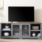 Modern Farmhouse Entertainment Console with Glass Door Cabinets and Open Shelves for up to 80'' TV's