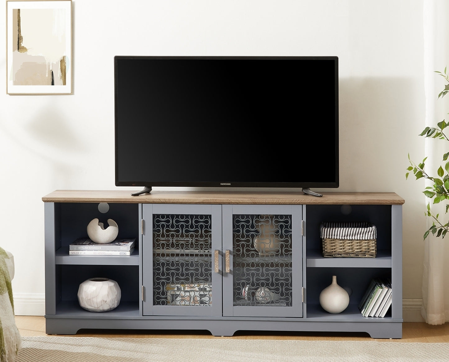 Modern Farmhouse Entertainment Console with Glass Door Cabinets and Open Shelves for up to 80'' TV's