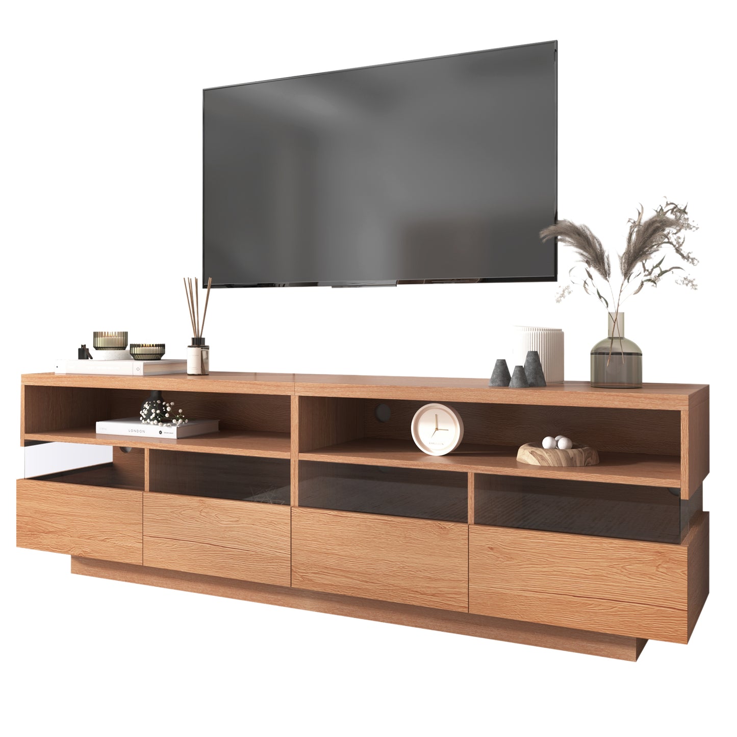 Modern TV Stand with 4 Drawers & 2 Open Cabinets For up to 75" TV's