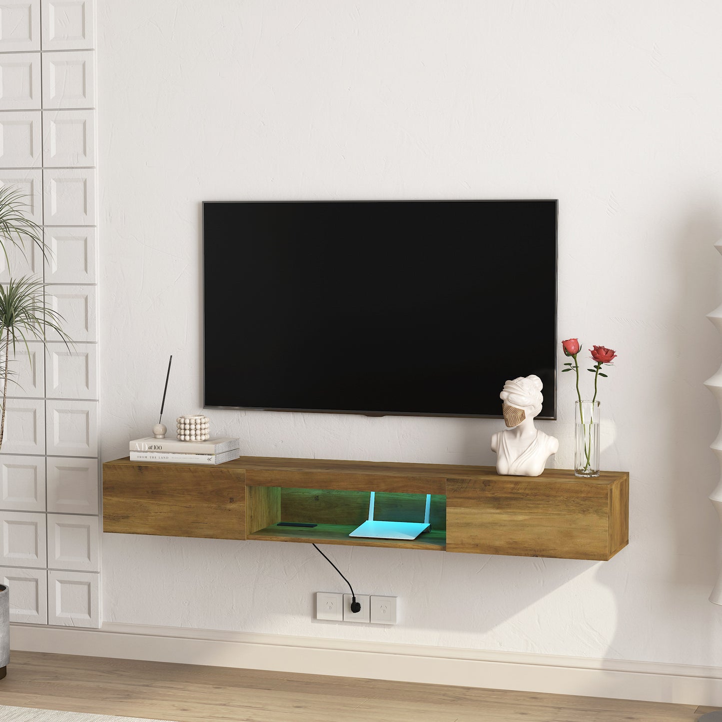 Floating Wall Mounted TV Shelf with LED lights & Power Outlet for up to 65" TV's