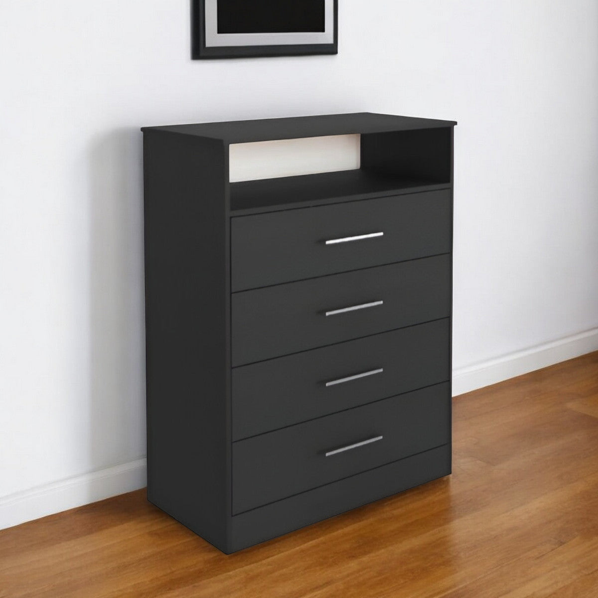 Modern Black Four Drawer Dresser with Hutch