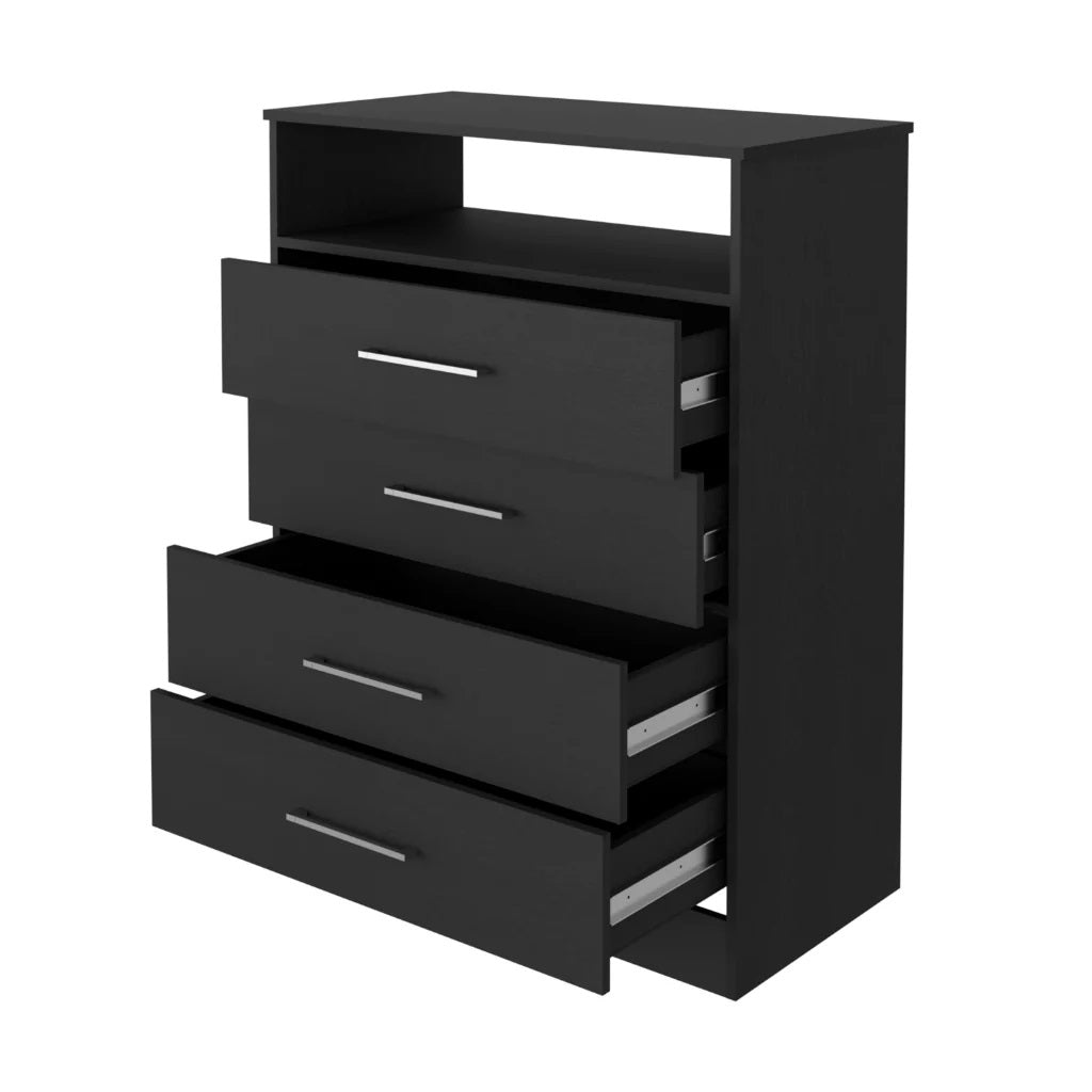 Modern Black Four Drawer Dresser with Hutch