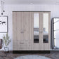 71" Light Oak and Black Four Door Wardrobe Closet with Mirrors