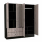 71" Light Oak and Black Four Door Wardrobe Closet with Mirrors