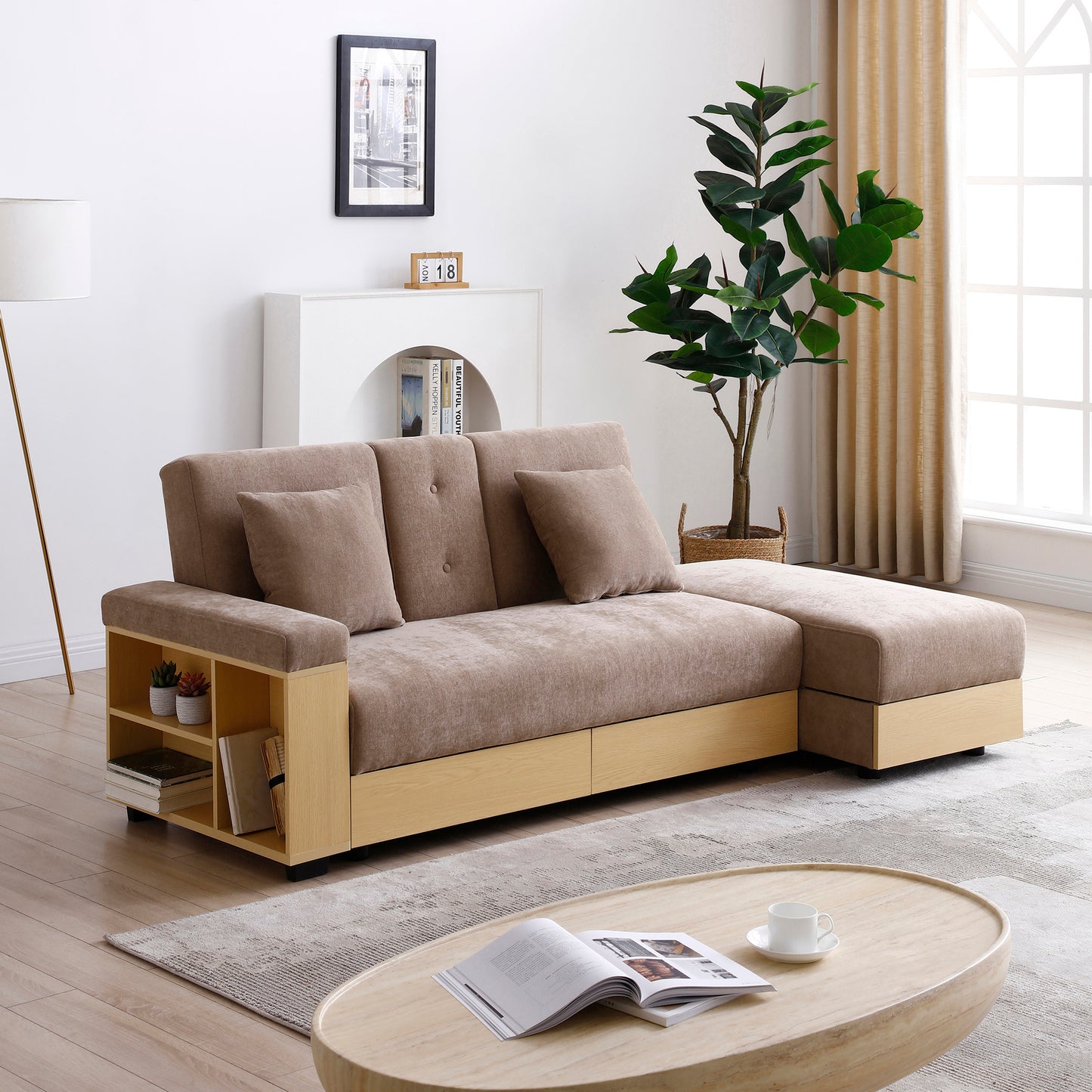 Convertible Folding Sofa Bed, Storage Ottoman & 2 Cupholders