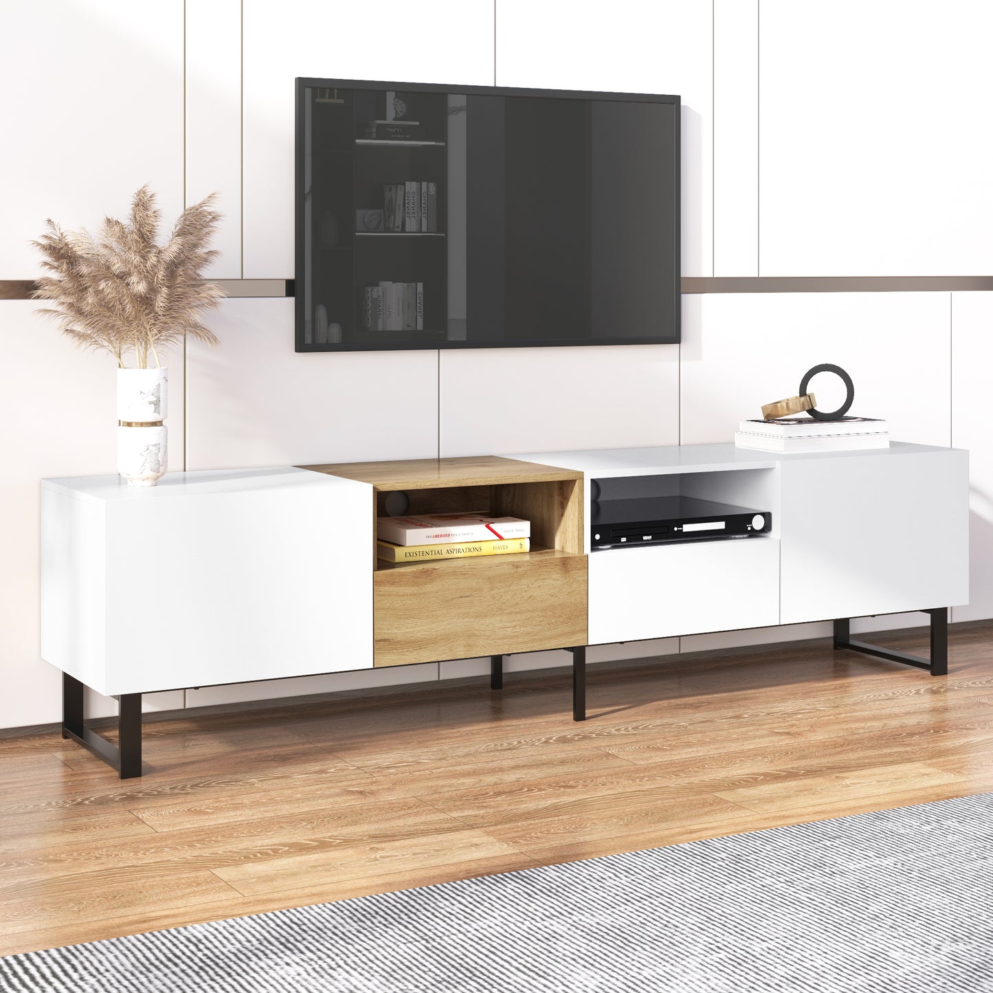 Modern TV Stand with 2 Cabinets & Open Storage Compartment for up to 85'' TV's