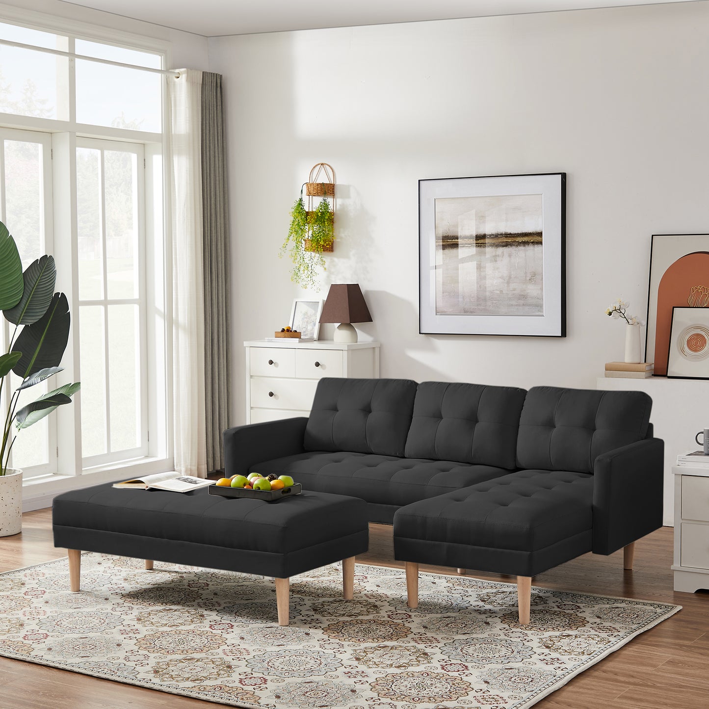 Right Facing L-shape Sofa Chaise Lounge with Ottoman Bench