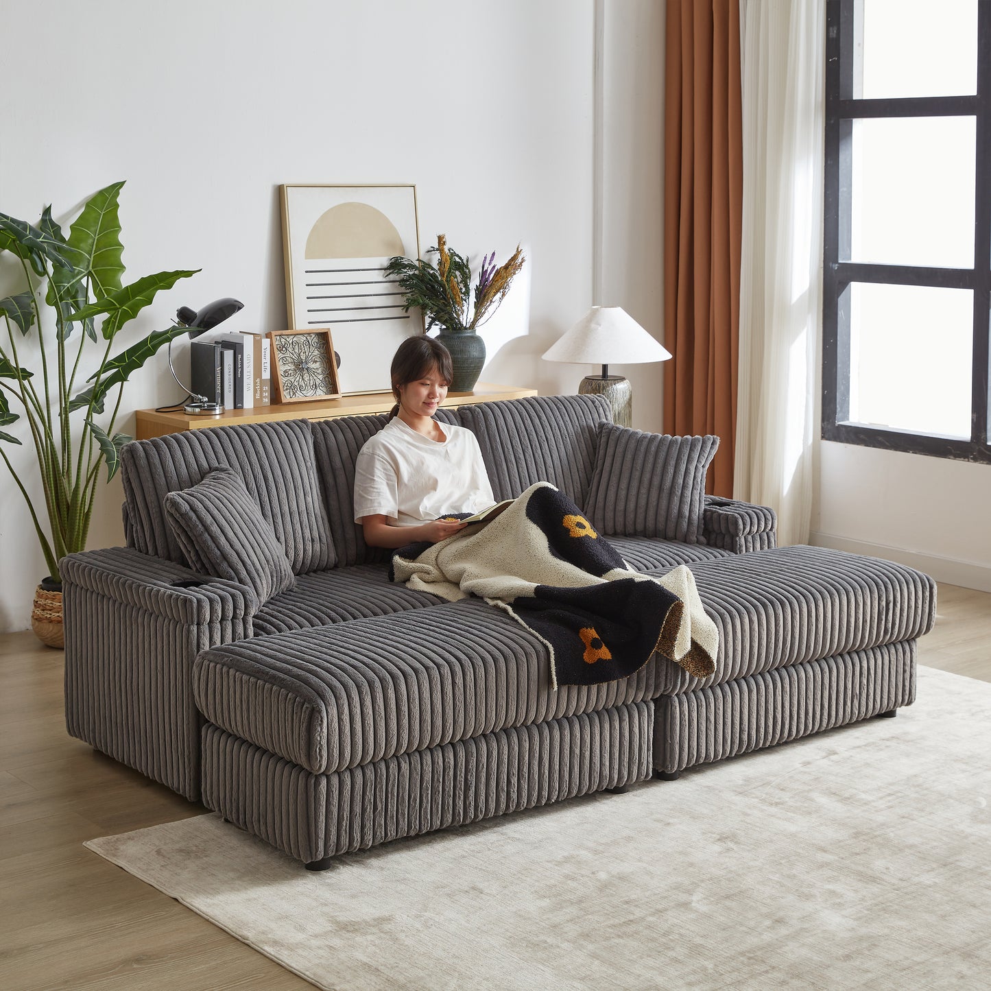 Corduroy 3-Seater Gray Sofa with Ottoman, Storage, & Cup Holders