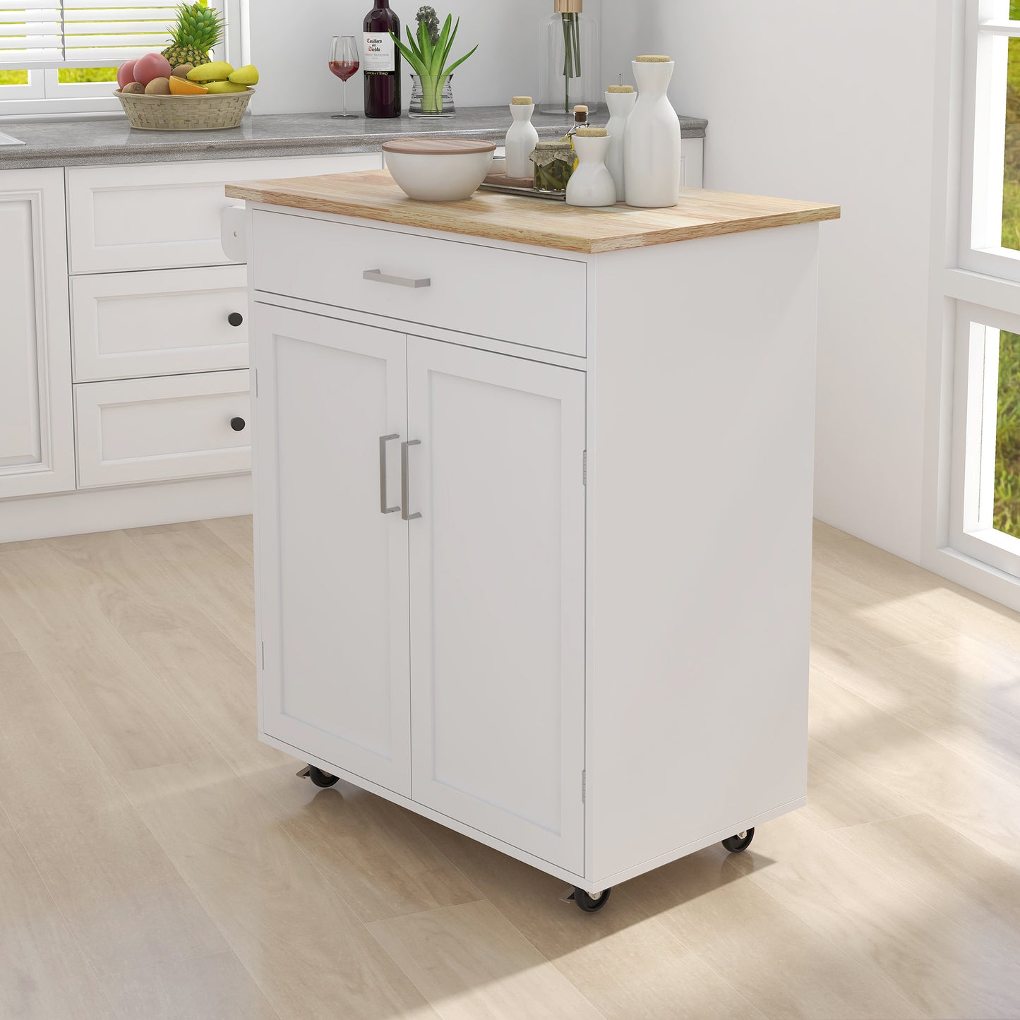 Kitchen island rolling trolley cart with Adjustable Shelves and towel rack rubber wood table top