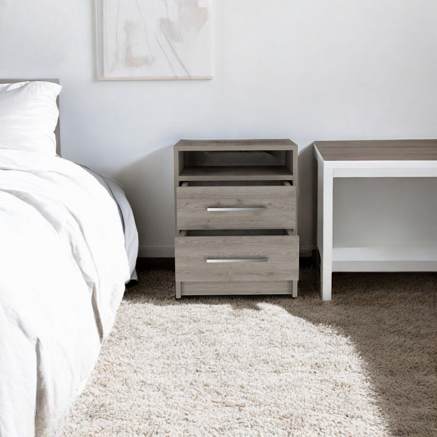 Light Grey Open Compartment Two Drawer Nightstand