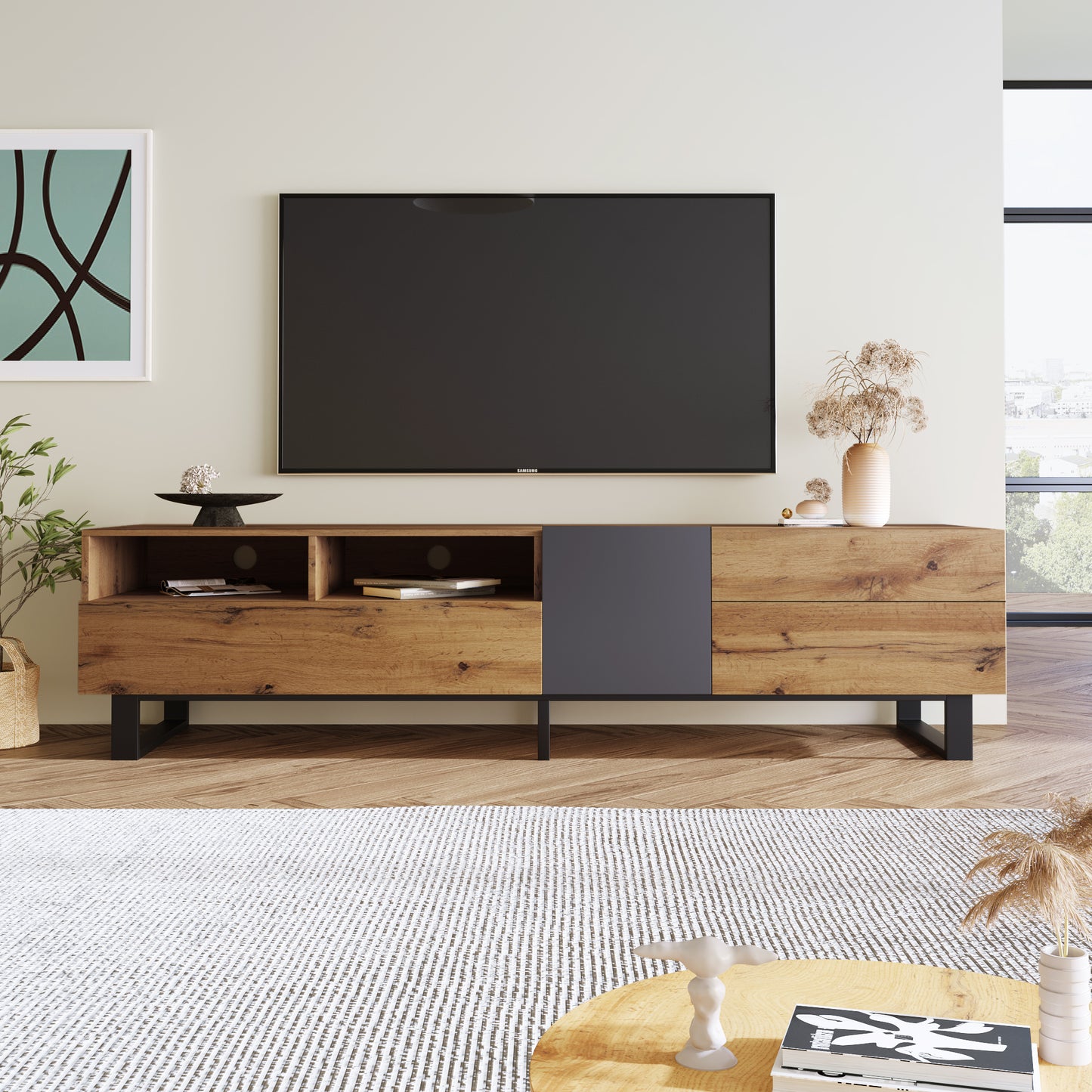 Modern TV Stand with Double Storage and Drop-Down Doors For up to 80'' TV's