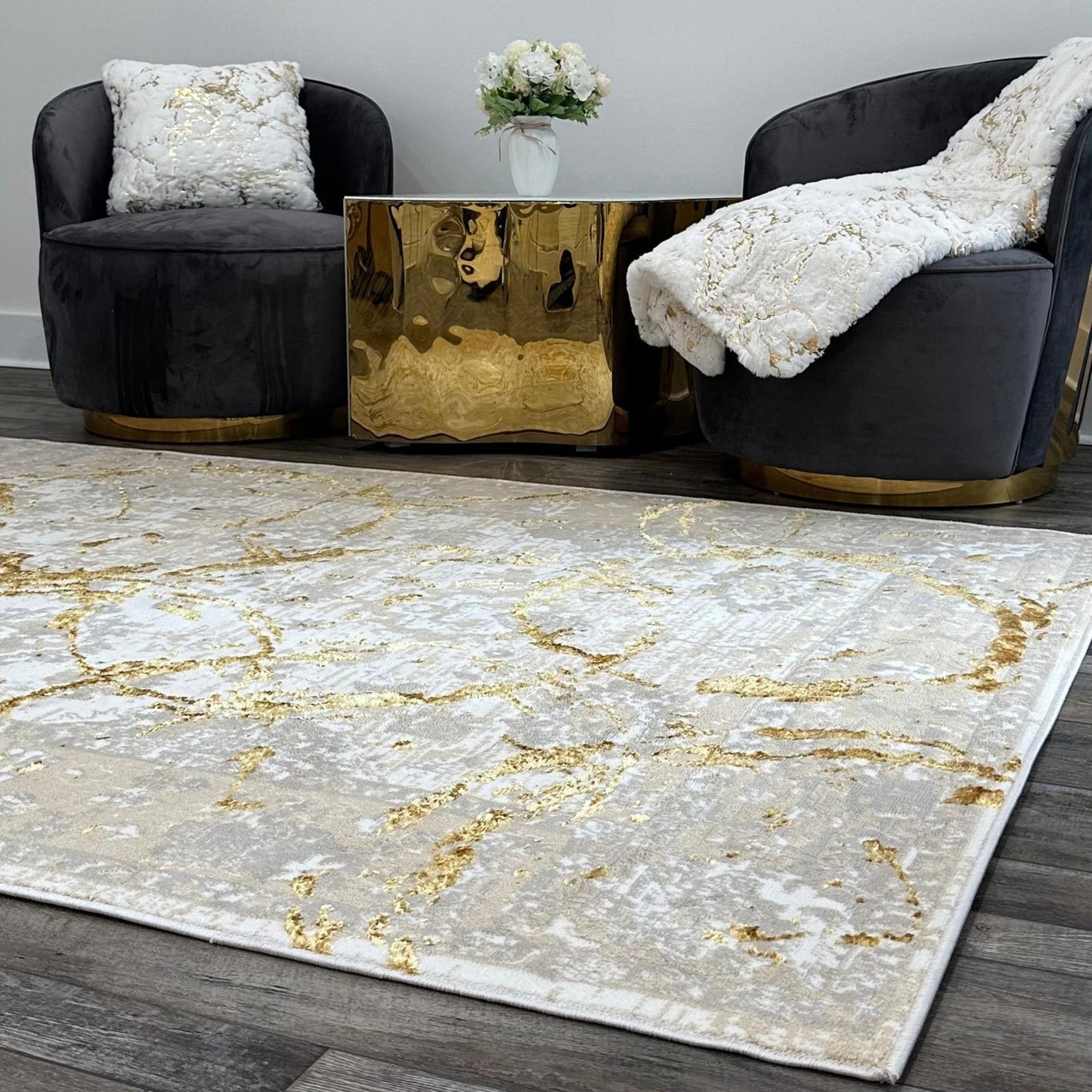 Luxury Area Rug in Beige and Gray with Gold Circles Abstract Design