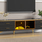 ON-TREND Stylish LED TV Stand with Marble-veined Table Top for TVs Up to 78'', Entertainment Center with Brown Glass Storage Cabinet, Golden Legs & Handles for Living Room, Black