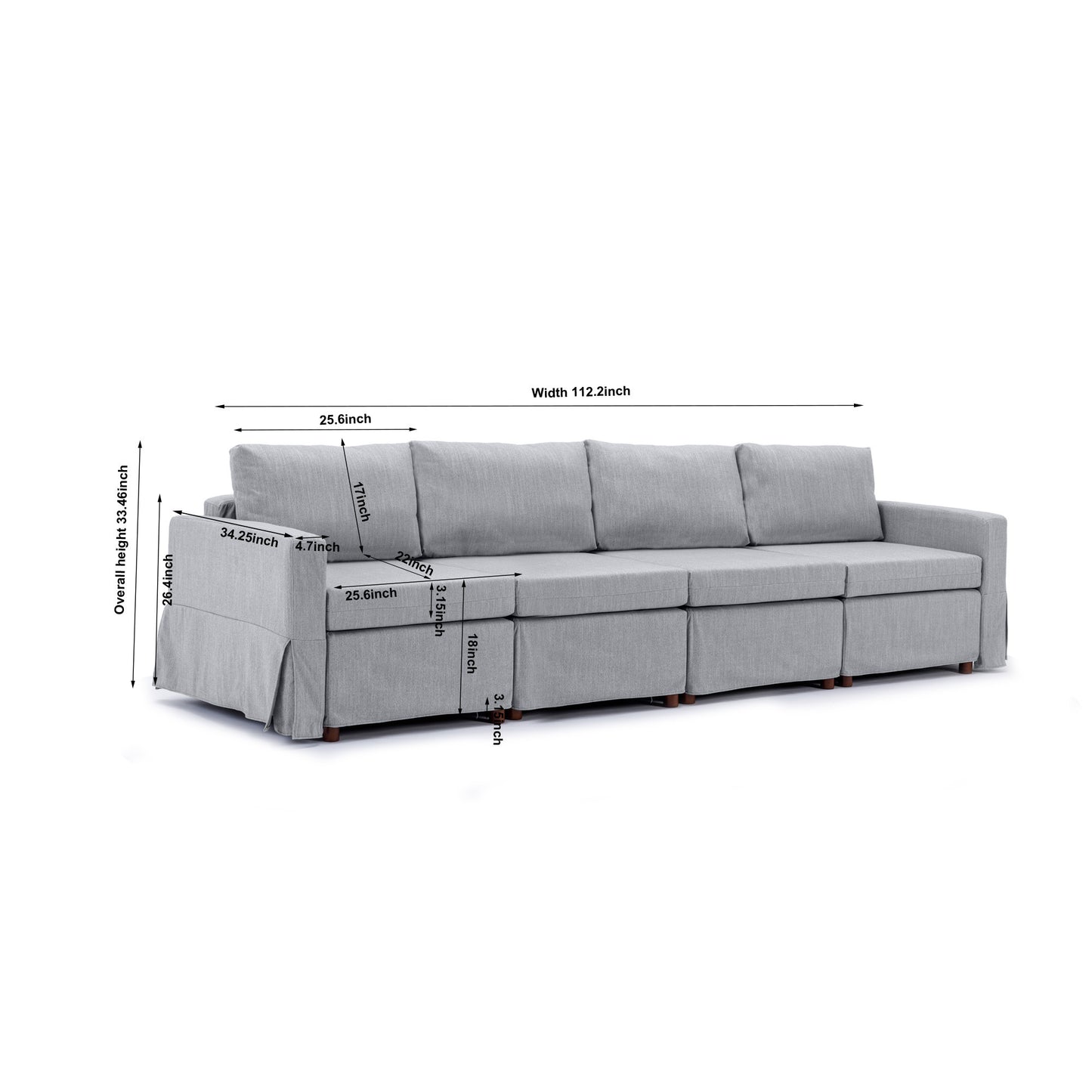 4-Seat Modular Sectional Sofa with Ottoman, Removable Cushions