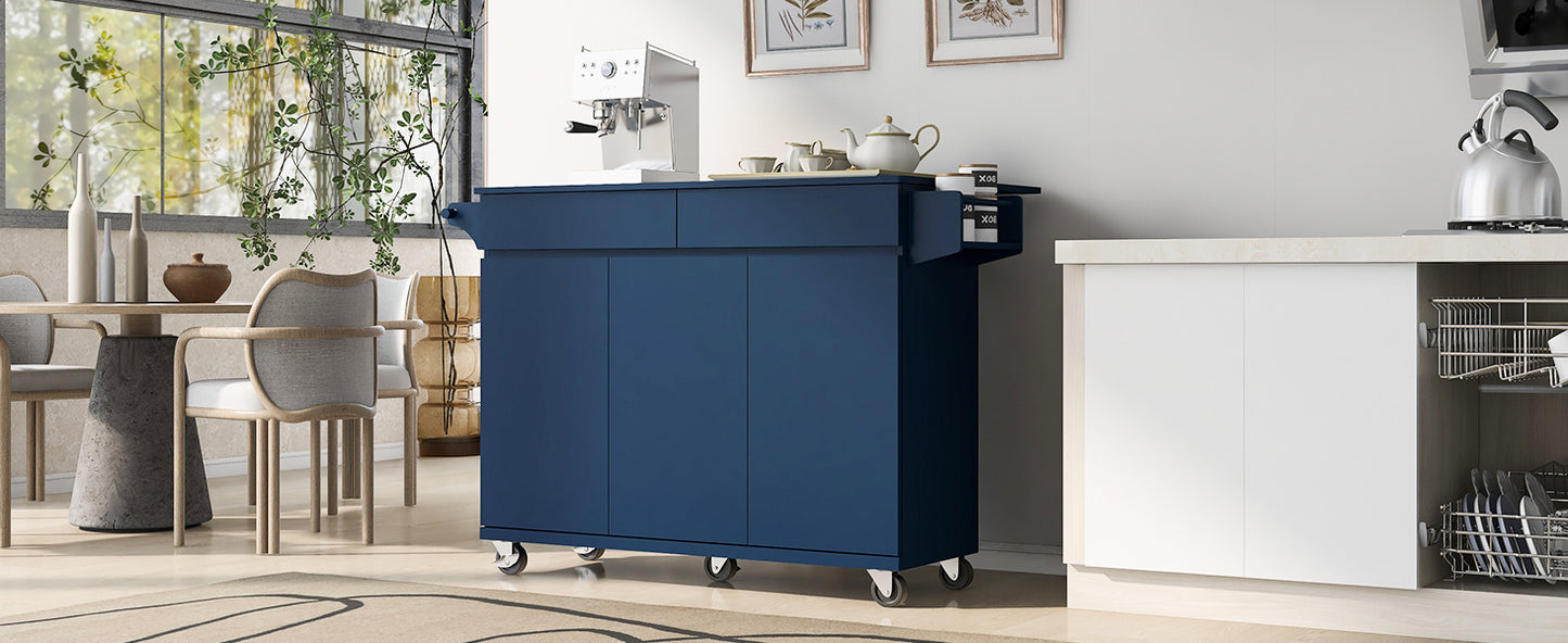 K&K 53.2''  Kitchen Island with Drop Leaf, Kitchen Storage Cart with Spice Rack, Towel Rack and 2 Drawers, Rolling Kitchen Island on Wheels with Adjustable Shelves for Kitchen, Dining Room, Navy Blue