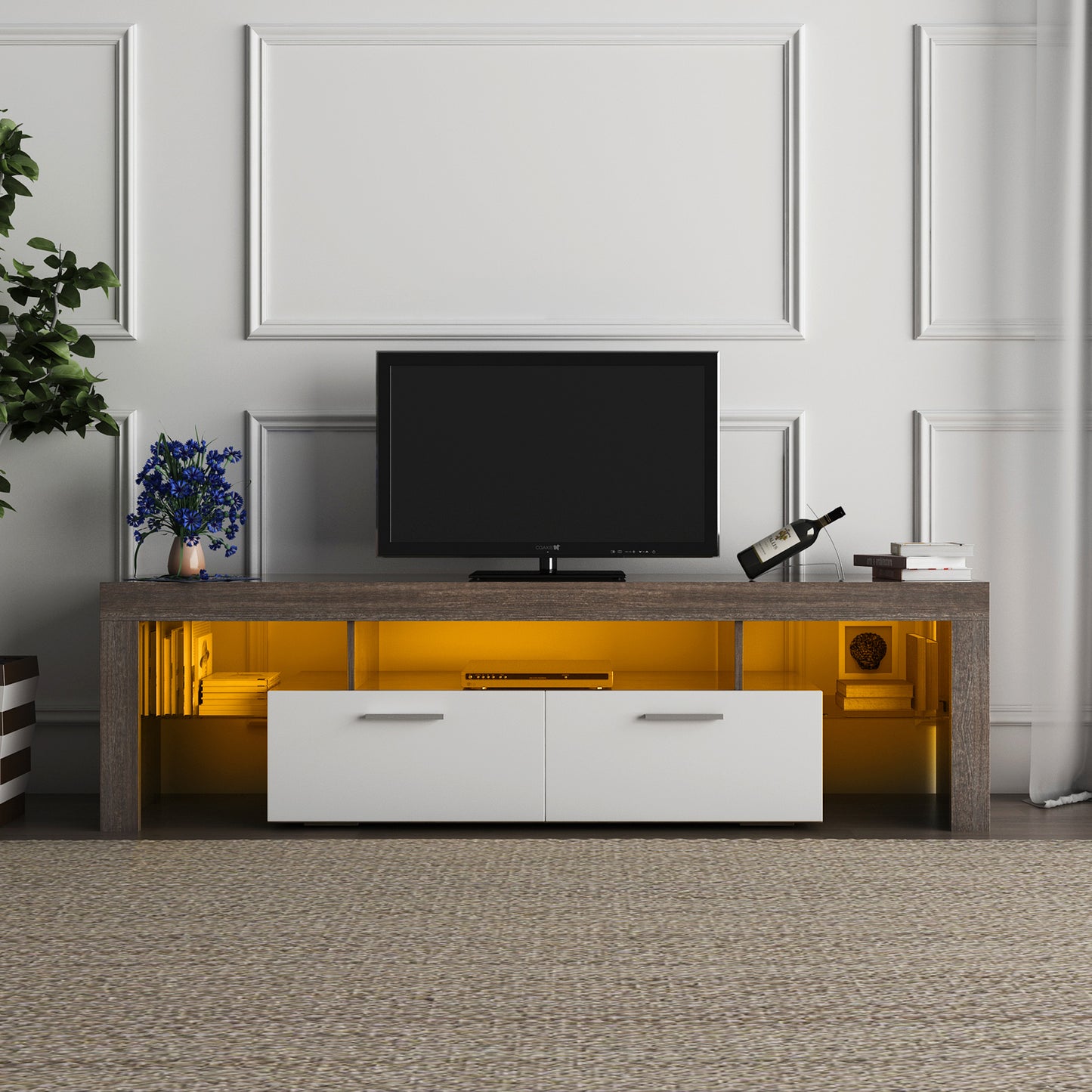 Modern TV Stand with LED Lights for up to 65" TV's with Tempered Glass Shelve