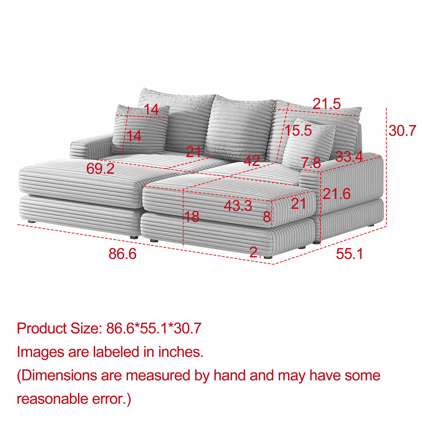 Corduroy 3-Seater Sofa with Dual Ottomans & Plush Pillows