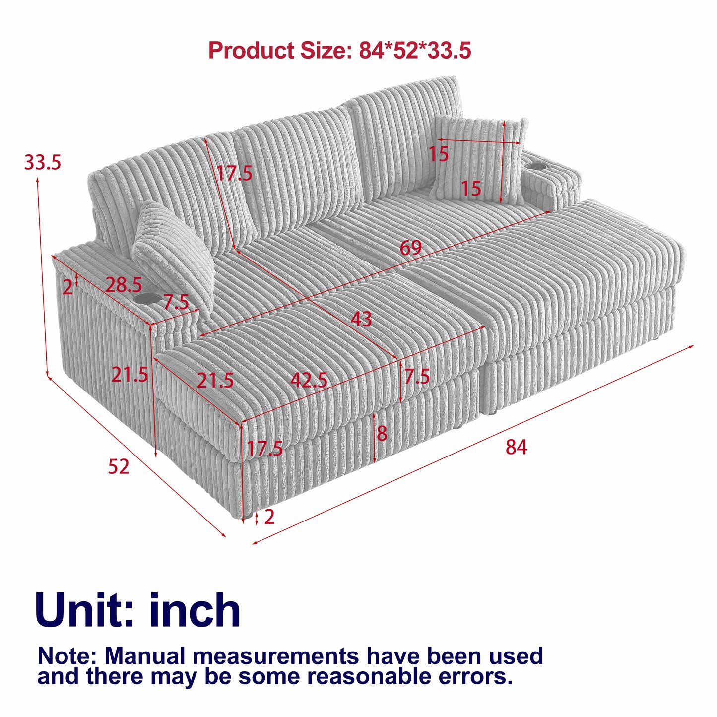 Corduroy 3-Seater Gray Sofa with Ottoman, Storage, & Cup Holders