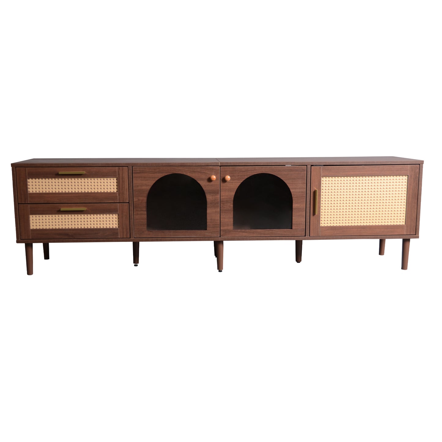 Rattan TV Stand with 3 Cabinets & 2 Drawers, Rattan-inspired Media Console Table for TVs up to 80'', LED Light Entertainment Center, TV cabinet for Living room, Bedroom, Home Theatre