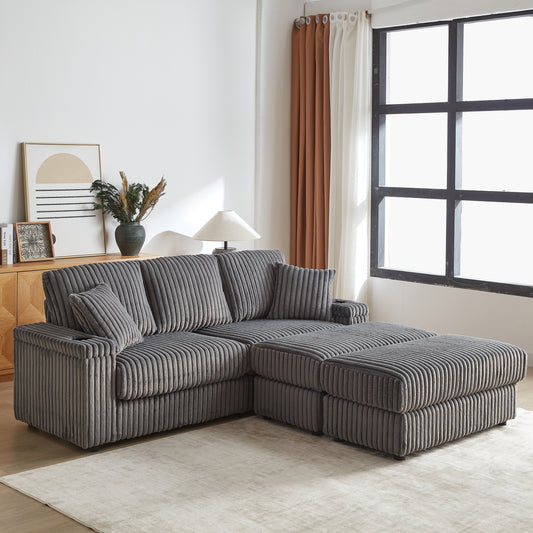 Corduroy 3-Seater Gray Sofa with Ottoman, Storage, & Cup Holders