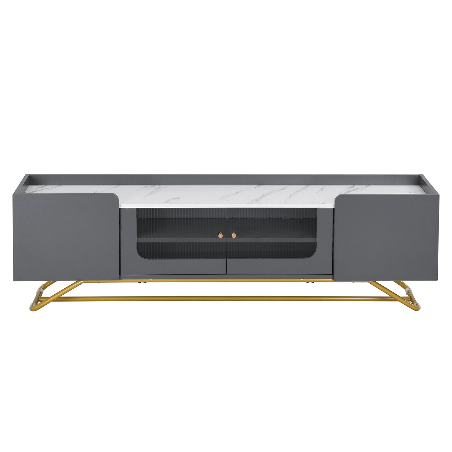 ON-TREND Sleek Design TV Stand with Fluted Glass, Contemporary Entertainment Center for TVs Up to 70", Faux Marble Top TV Console Table with Gold Frame Base, Grey