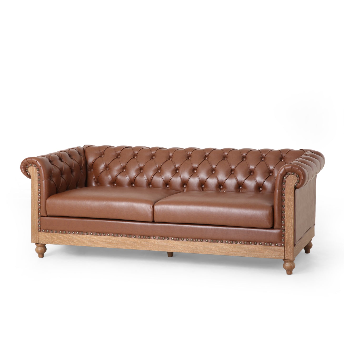 Tufted Leather 3-Seat Sofa with Wooden Legs