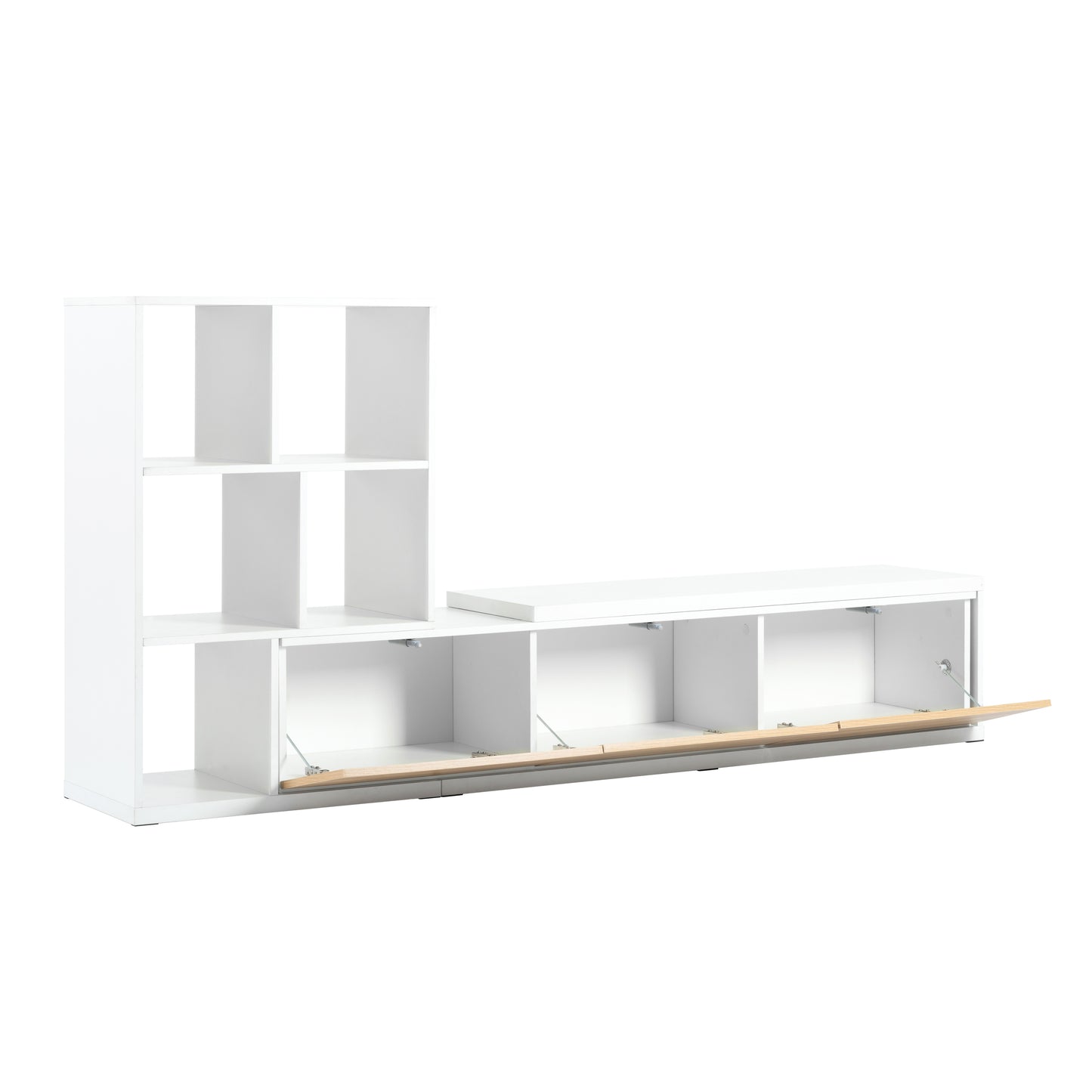 ON-TREND 74.8''-126'' Extendable TV Stand with 3 Tier Bookshelves for TVs up to 110'', Adjustable Entertainment Center with Storage Cabinets, Sliding Tabletop Media Console for Living Room, White