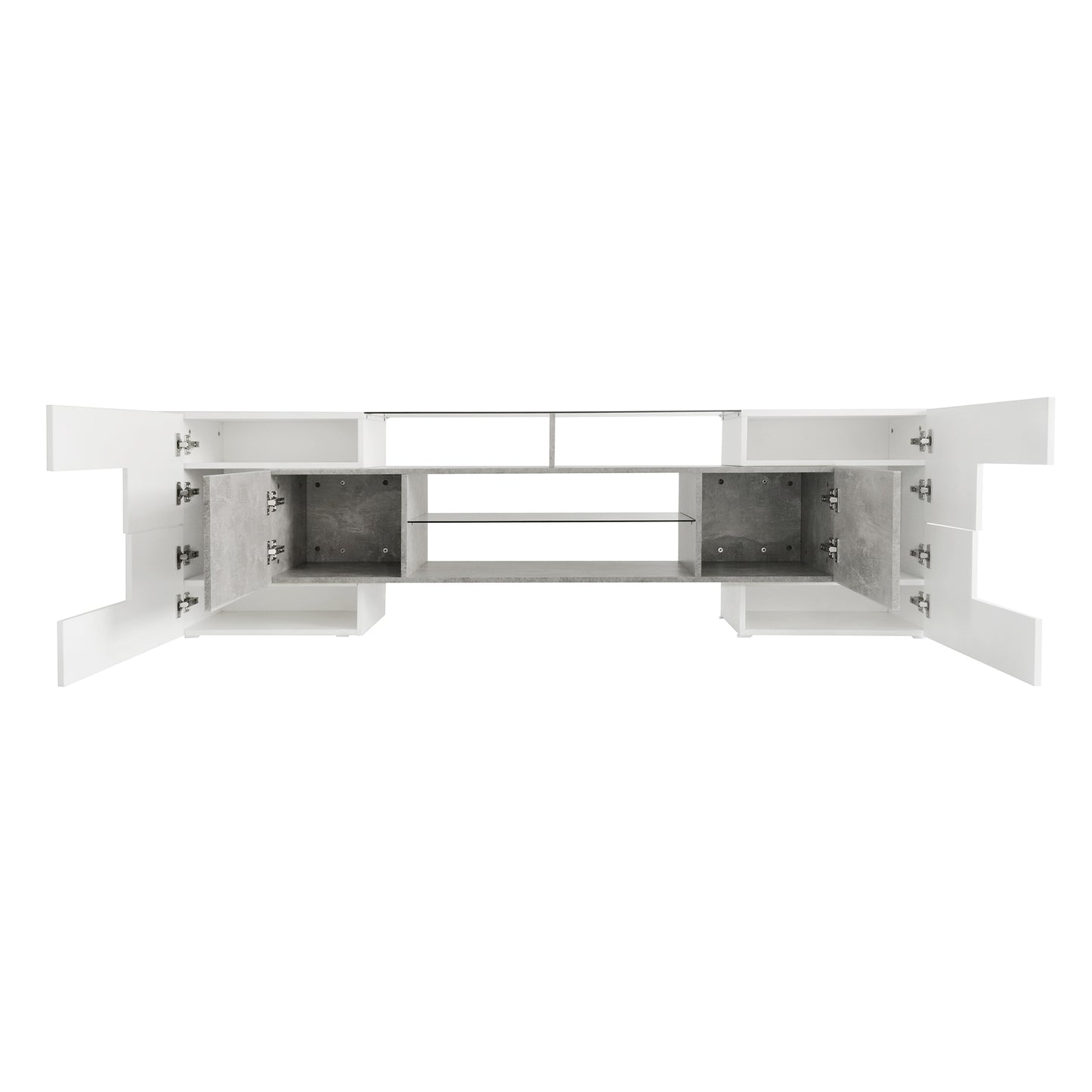 ON-TREND Unique Shape TV Stand with 2 Illuminated Glass Shelves, High Gloss Entertainment Center for TVs Up to 88", Versatile TV Cabinet with LED Color Changing Lights for Living Room, Grey