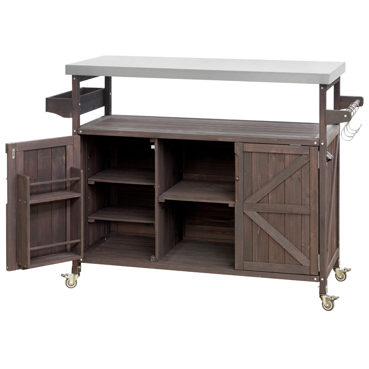 K&K Outdoor Kitchen Island, Rolling Bar Cart & Storage Cabinet, Farmhouse Solid Wood Outdoor Grill Table with Stainless Steel Top, Spice Rack , Towel Rack for Kitchen & Barbecue , Dark Brown