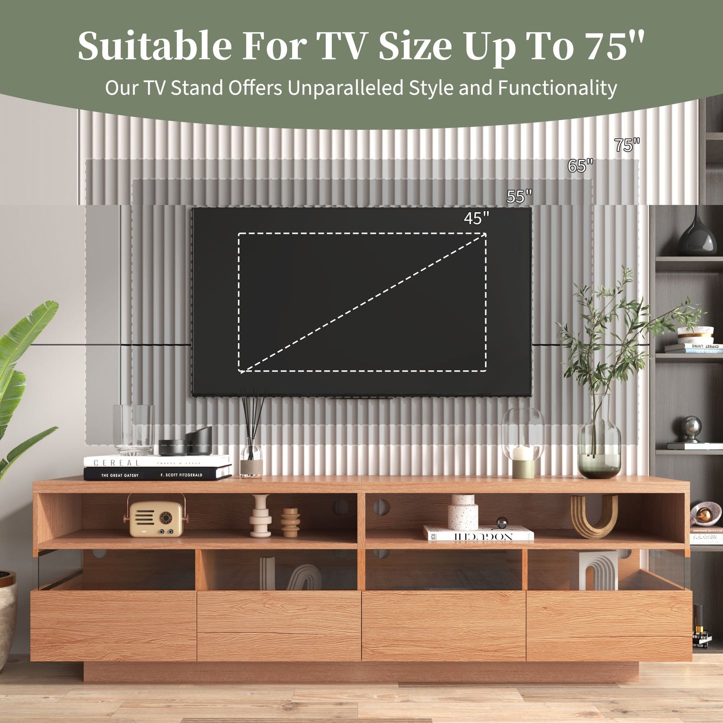 Modern TV Stand with 4 Drawers & 2 Open Cabinets For up to 75" TV's